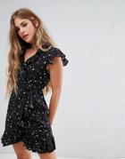 Motel Wrap Front Dress With Ruffle Trim In Star Print - Black