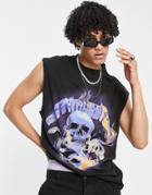 Asos Design Oversized Tank Top In Washed Black With Skull Front Print