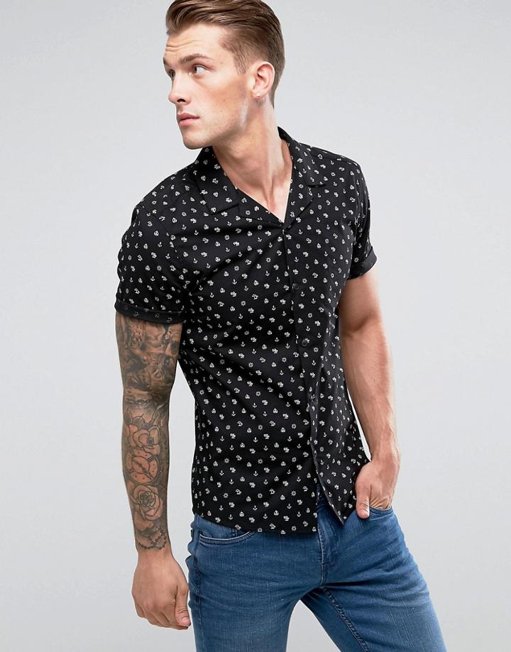 Asos Stretch Slim Shirt With Anchor Print - Navy