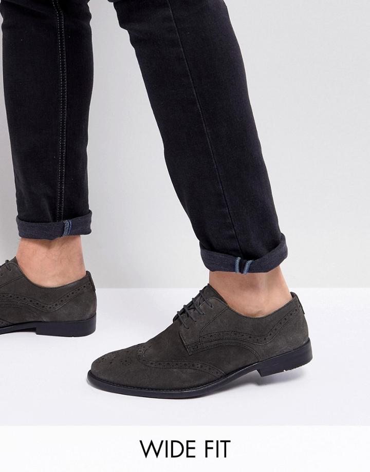 Asos Wide Fit Casual Brogue Shoes In Gray Suede With Distressed Sole