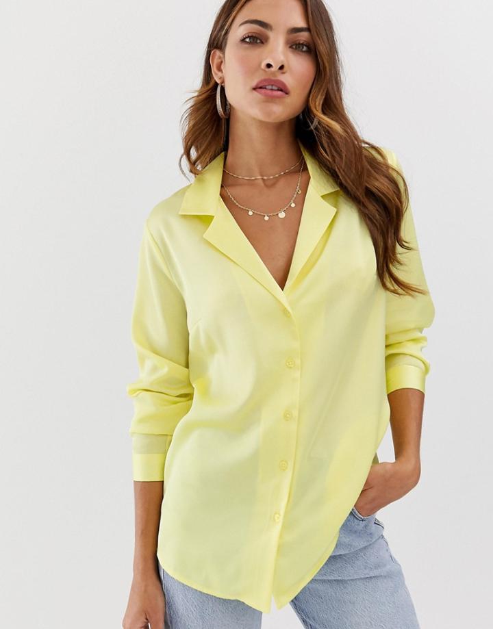 Asos Design Relaxed Satin Long Sleeve Shirt-yellow