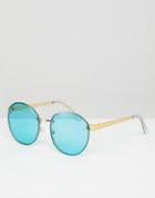 Asos 9ct Gold Round Fashion Sunglasses With Turquoise Laid On Lens - Gold