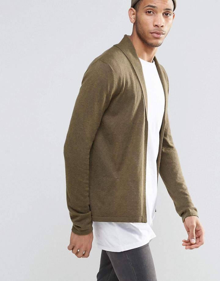 Asos Open Shawl Cardi In Merino Wool Mix - Military