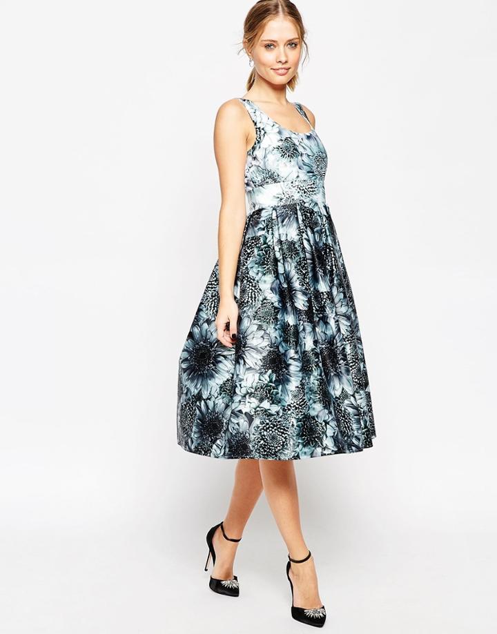 Asos Premium Mono Floral Midi Prom Dress - Mono