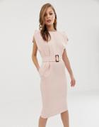 Asos Design Split Cap Sleeve Midi Pencil Dress With Buckle - Pink