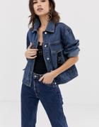 Boohoo Cropped Denim Jacket With Buckle - Blue