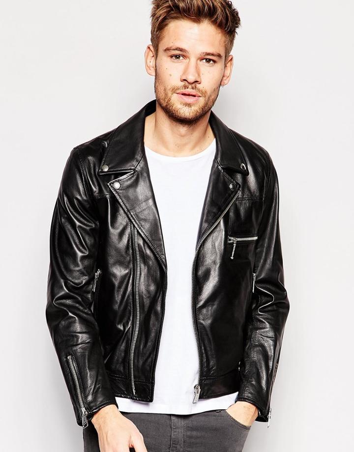 Replay Leather Biker Jacket Zip Detail - Black