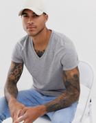 Asos Design T-shirt With V Neck And Roll Sleeve In Gray Marl