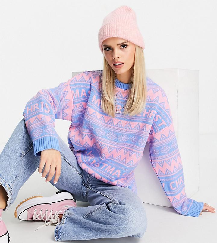 Asos Design Foundation Petite Christmas Sweater In Fairisle Pattern-blues