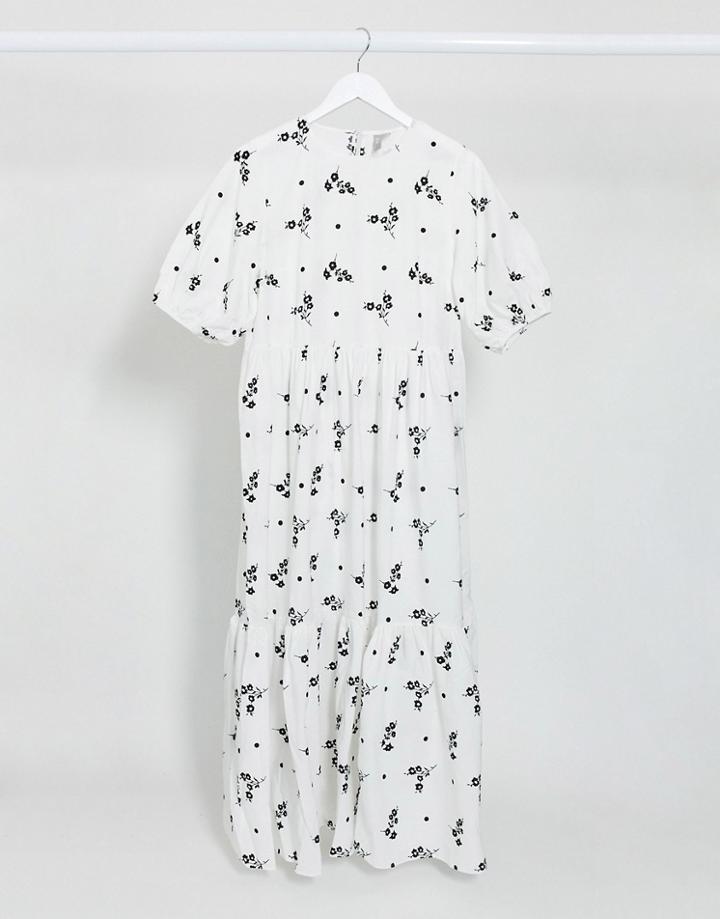 Asos Design Tiered Cotton Poplin Smock Midi Dress In Mono Floral Print-multi