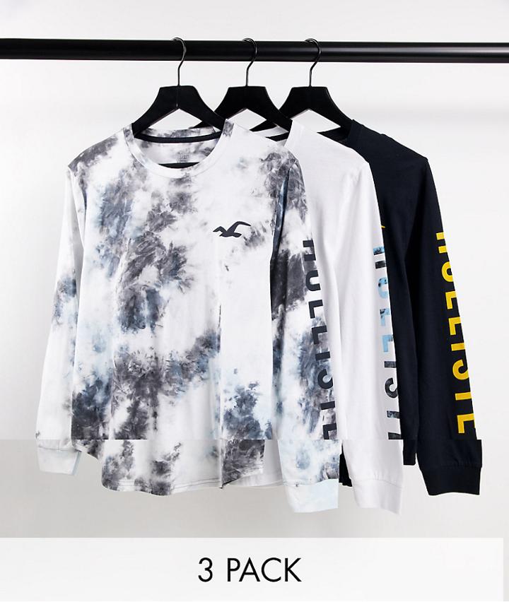 Hollister 3 Pack Iconic Logo Print Long Sleeve Top In White/black/acid Wash-multi