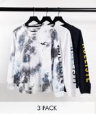 Hollister 3 Pack Iconic Logo Print Long Sleeve Top In White/black/acid Wash-multi