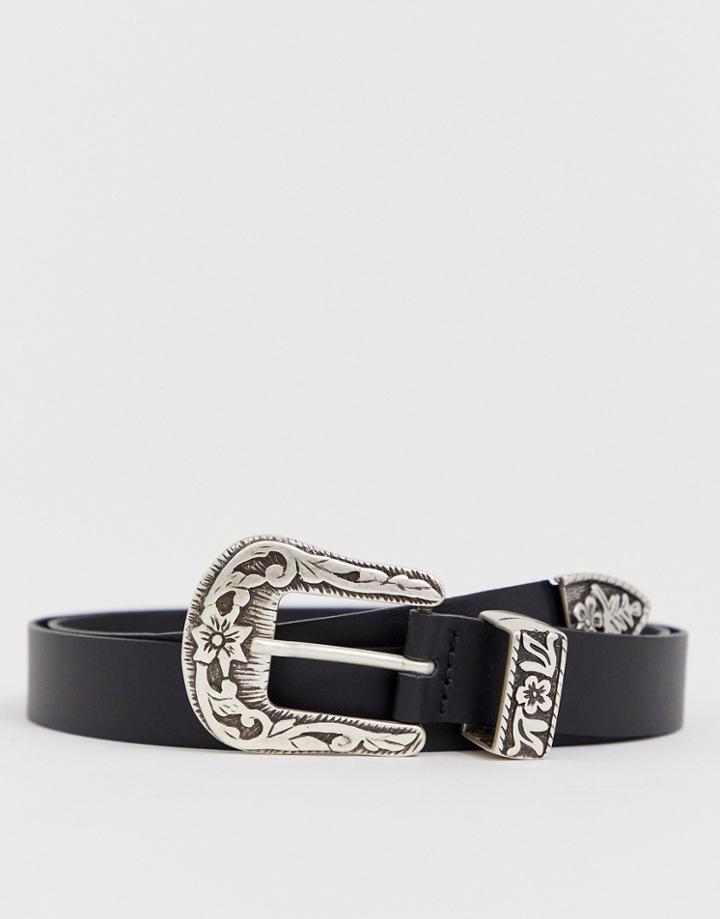 Asos Leather Slim Western Belt In Black - Black