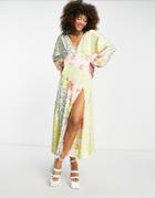 Asos Design Satin Mixed Prints Seam Detail Midi Dress-multi