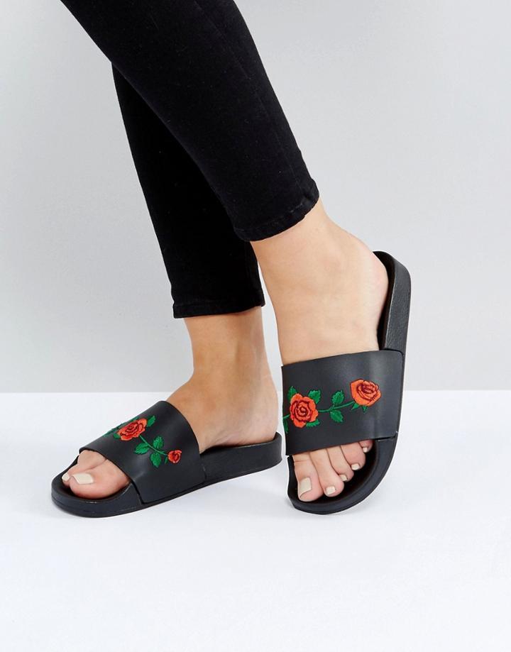 Kaltur Embroidery Slide Flat Sandal - Black