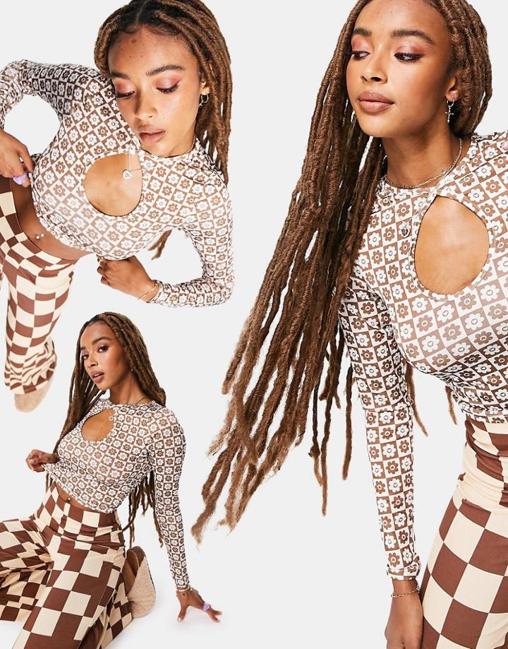 Asos Design Fitted Top With Key Hole In Brown Floral Checkerboard
