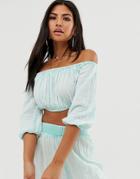 Asos Design Off Shoulder Beach Crop Top In Mint Crinkle Two-piece-green