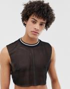 Asos Design Cropped Tank In Black Mesh With Contrast Tipping