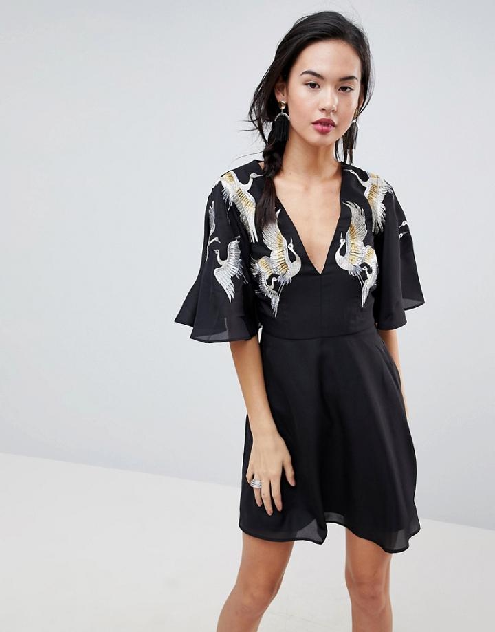 Asos Bird Embroidered Flutter Sleeve Mini Dress - Black