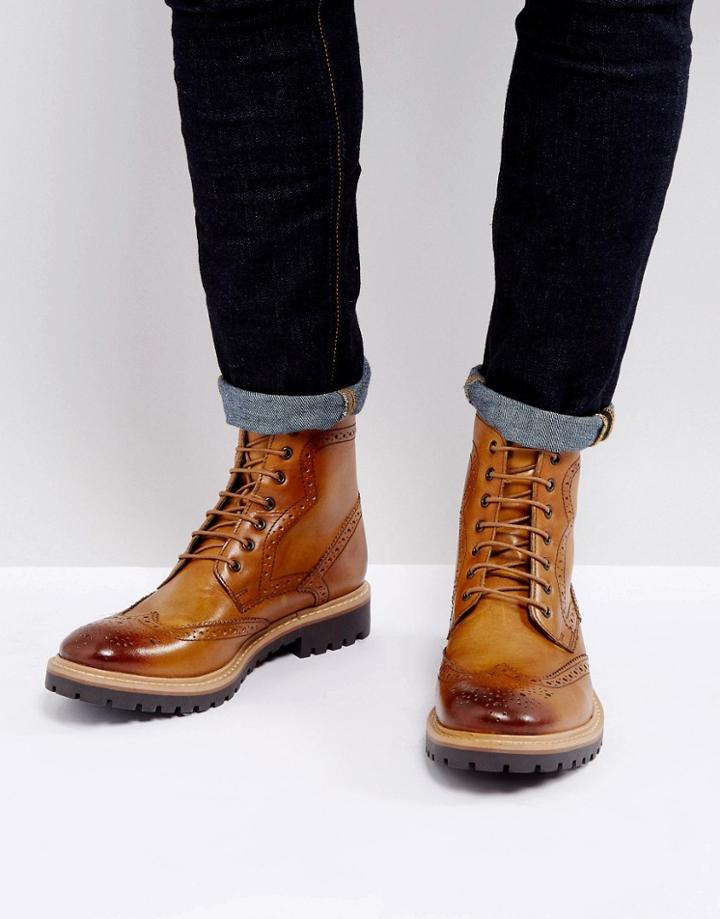 Asos Lace Up Brogue Boots In Tan Leather With Heavy Sole - Tan