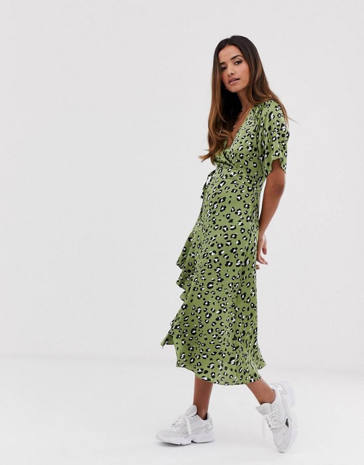 Liquorish Wrap Front Long Midi Dress In Leopard Print-green