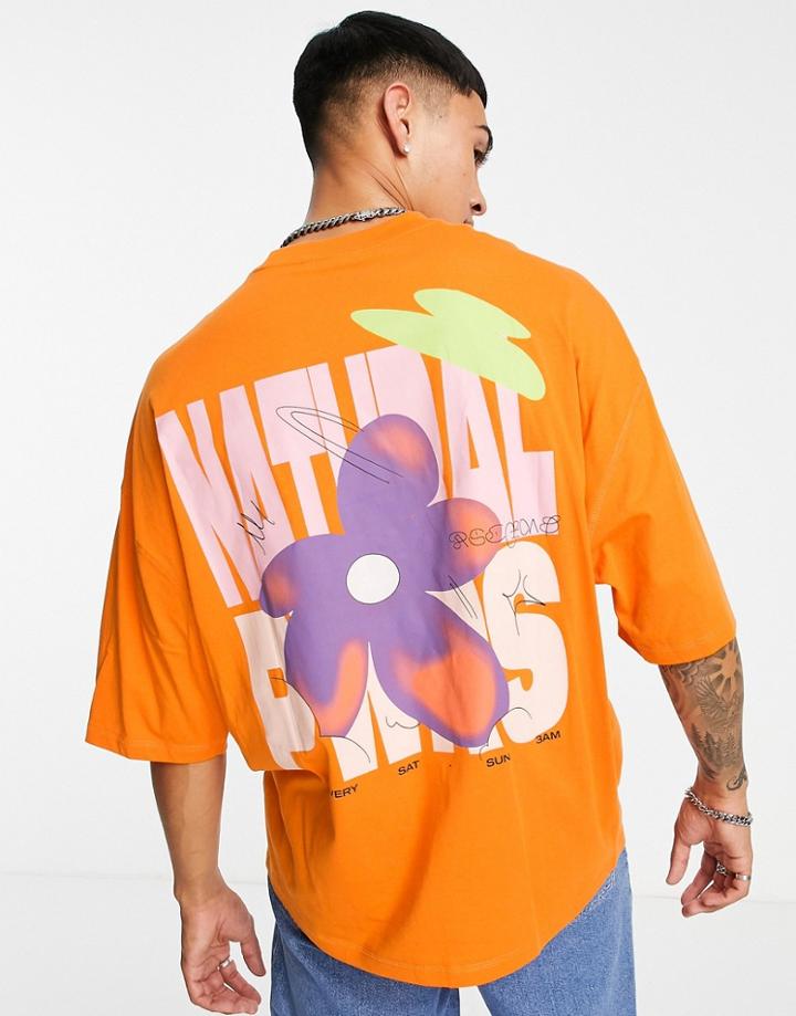 Asos Design Oversized T-shirt In Orange Organic Cotton With Flower Back Print