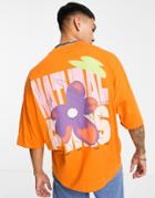 Asos Design Oversized T-shirt In Orange Organic Cotton With Flower Back Print