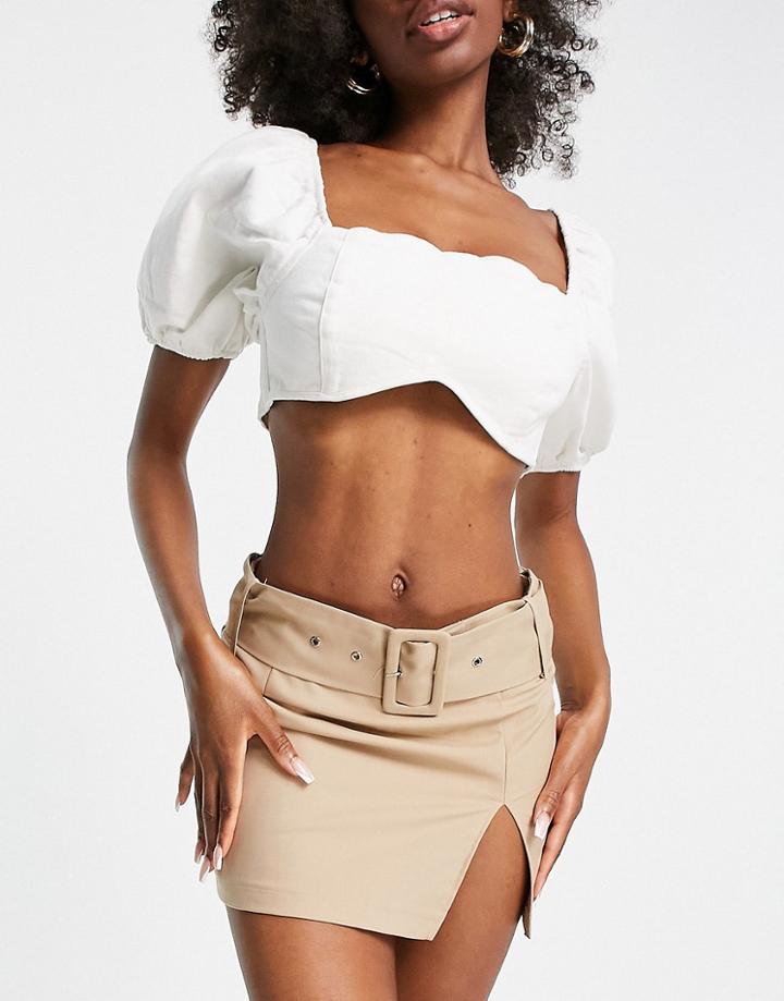 Asos Luxe Hourglass Denim Puff Sleeve Crop Top In Ecru - Part Of A Set-white