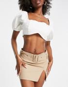 Asos Luxe Hourglass Denim Puff Sleeve Crop Top In Ecru - Part Of A Set-white