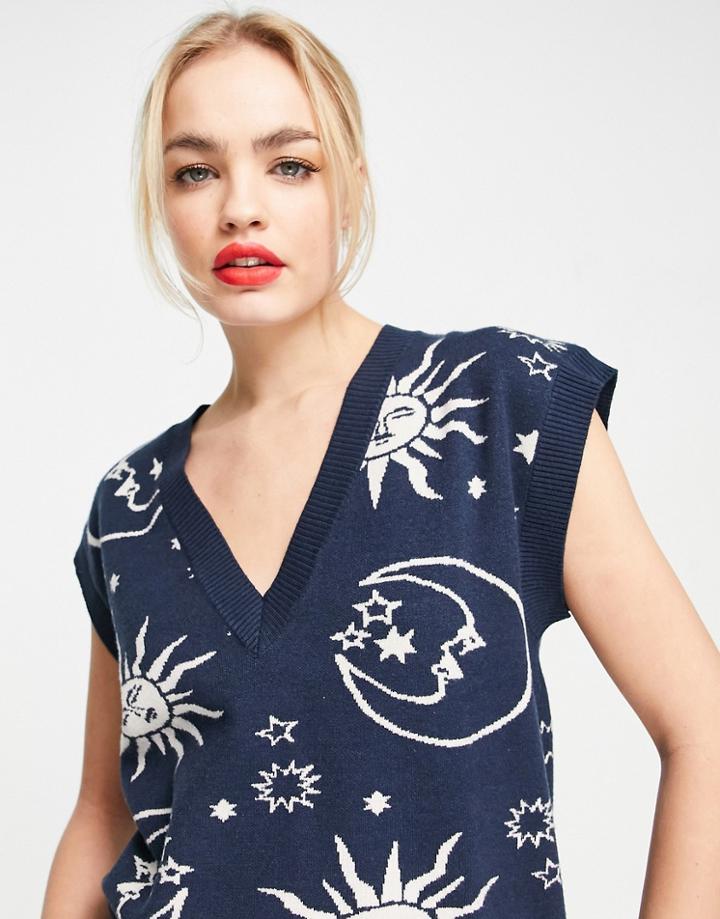 Neon Rose Relaxed Sweater Vest In Celestial Knit-navy