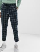 Asos Design Slim Crop Smart Pants In Navy With Bright Green Check And Chain Detail - Navy