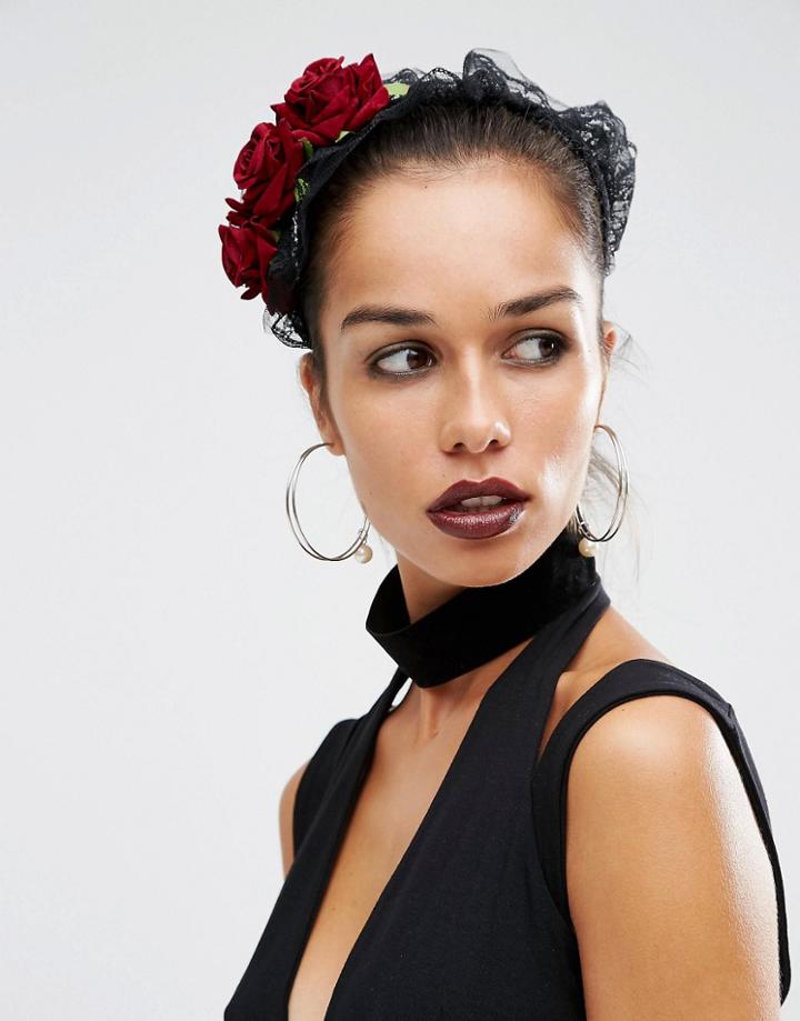 Suzywan Halloween Lace & Flower Headband - Black