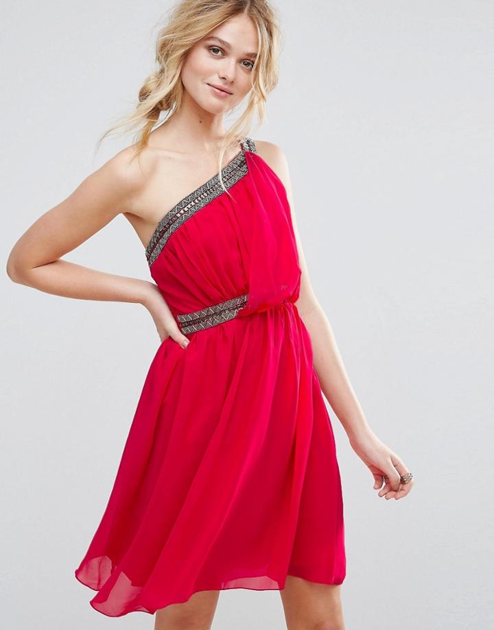 Little Mistress Embellished One Shoulder Prom Dress - Pink