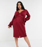 Asos Design Curve Wrap Plunge Mini Dress With Flute Sleeve In Wine-neutral