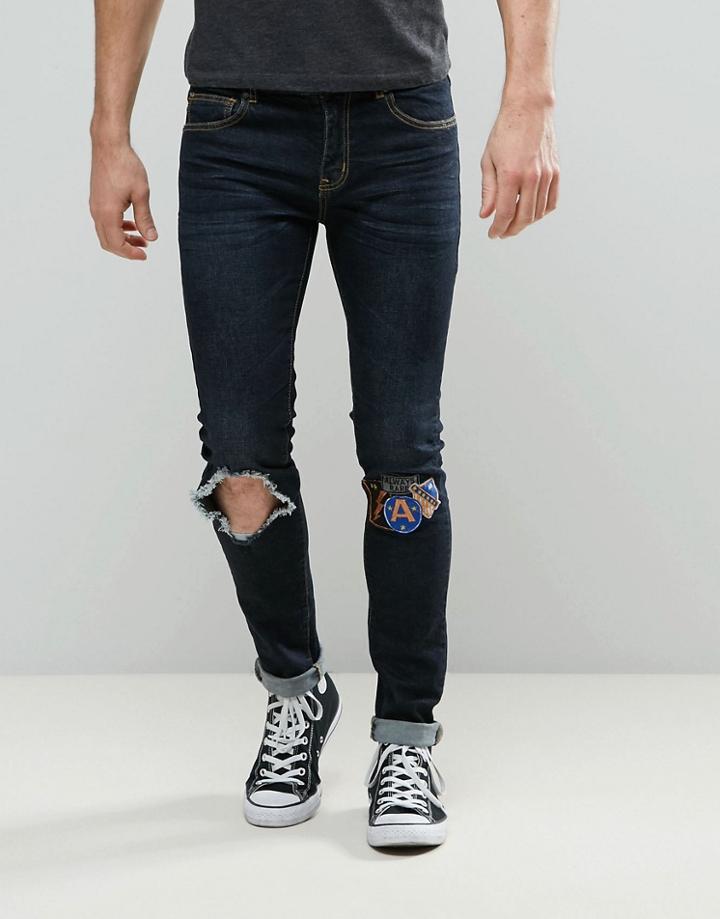 Always Rare Dexter Super Skinny Jean Dark Wash Open Knee Badges - Navy