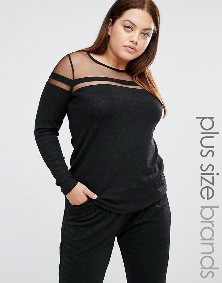 Junarose Long Sleeved Glitter Top With Mesh Insert - Black