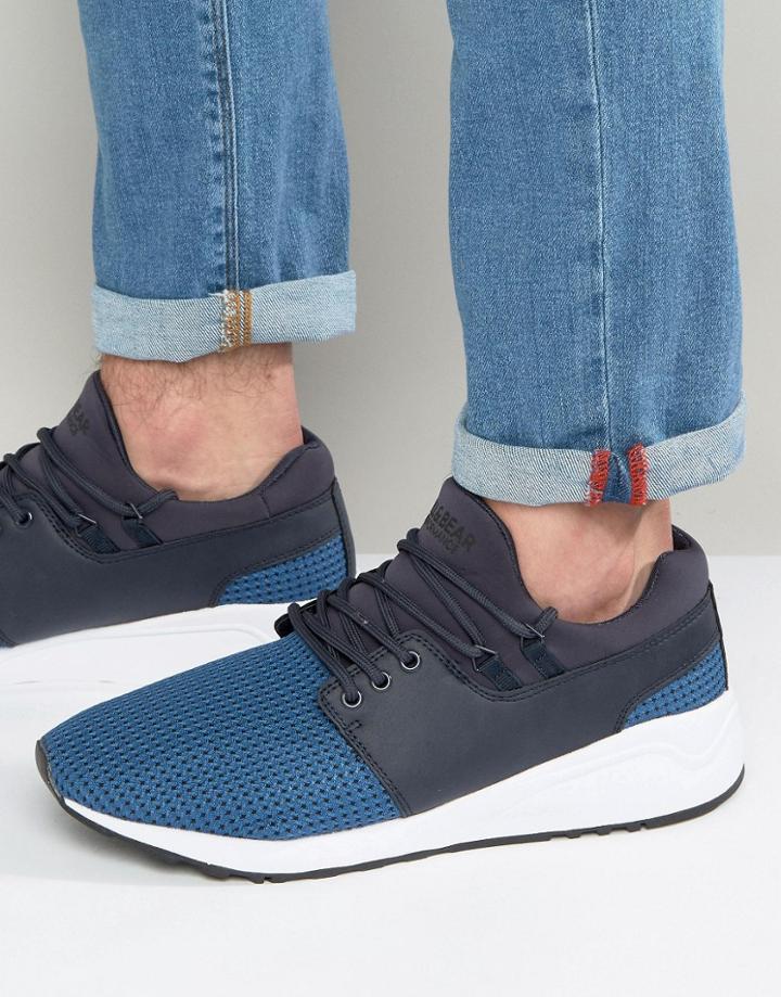 Pull & Bear Faux Leather Runner Sneakers In Blue - Blue