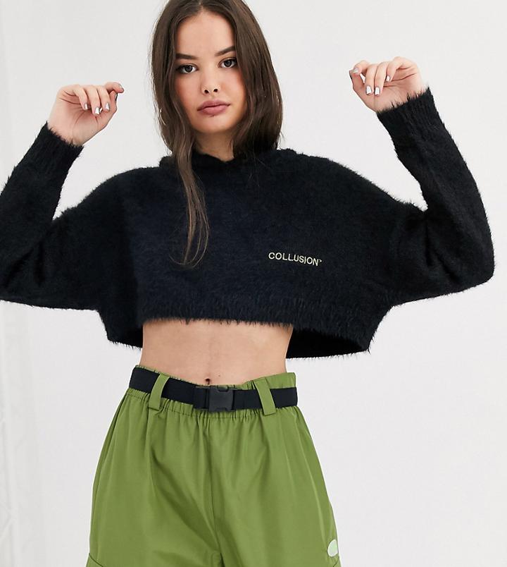 Collusion Fluffy Knit Cropped Hoodie In Black