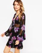 Asos Skater Dress With Flared Sleeves In Pretty Lilac Floral - Multi