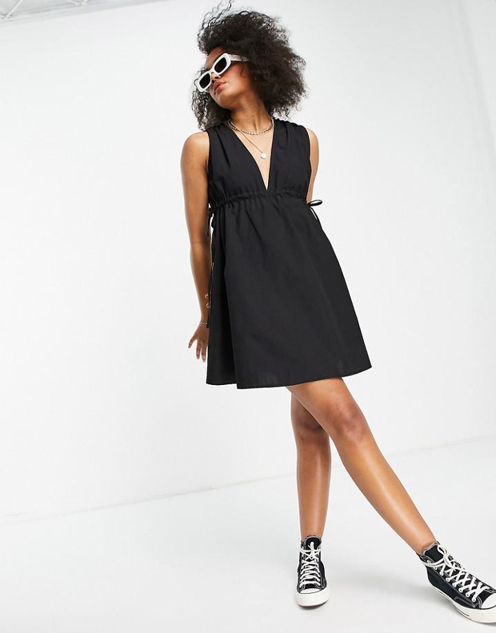 Asos Design Cotton Poplin Plunge Mini Sundress With Ruched Waist In Black
