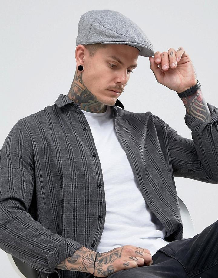 Asos Flat Cap In Gray Nepp Melton - Gray