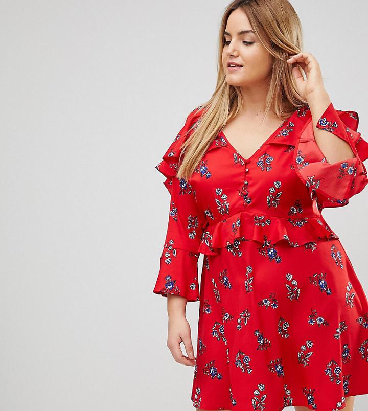 Influence Plus Frill And Button Detail Floral Tea Dress - Multi