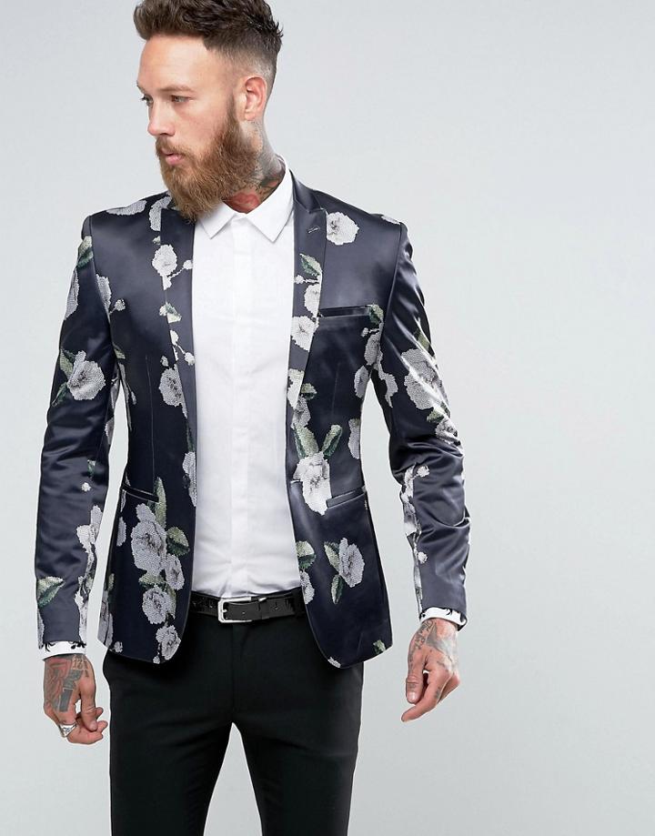 Asos Super Skinny Blazer With Dark Mosaic Floral Print - Black