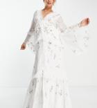 Asos Design Maternity Tiered Floral Embroidered Maxi Dress With Raw Edge And Button Detail-white