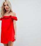 Asos Petite Off Shoulder Sundress With Double Ruffle - Red