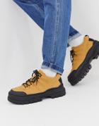Asos Design Lace Up Hiker Shoes In Tan Faux Suede With Chunky Black Sole - Tan