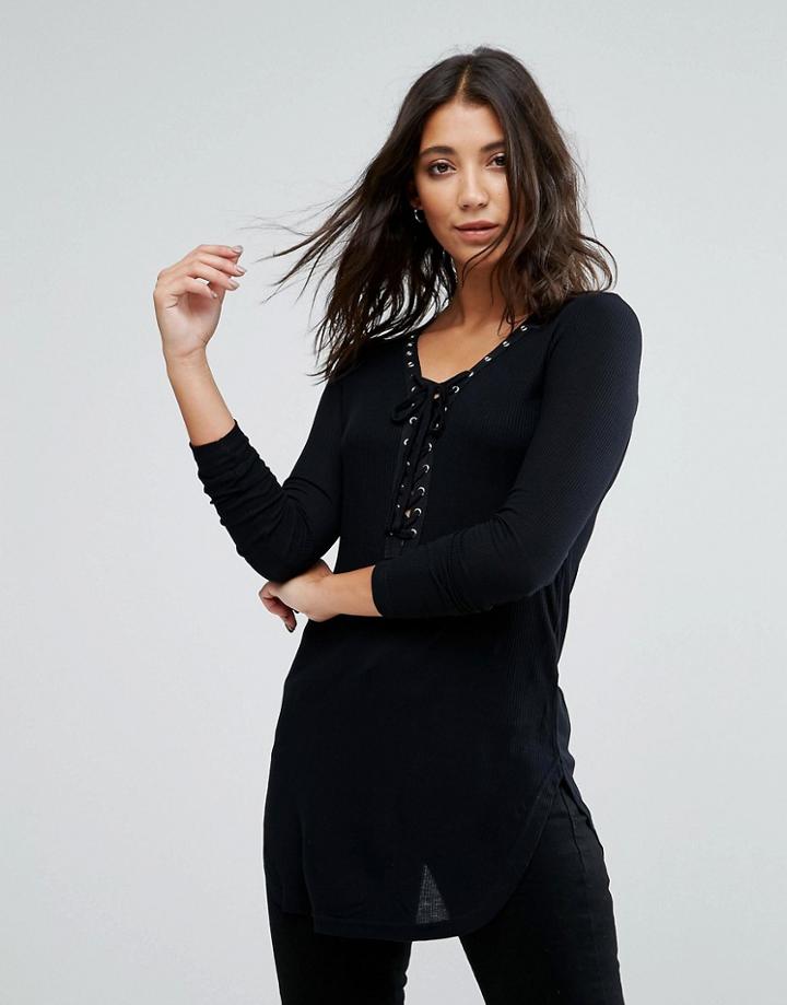 Brave Soul Longline Rib Top With Lace Up And Eyelet Detail - Black
