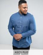 Asos Plus Stretch Slim Denim Shirt In Mid Wash - Blue