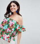Asos Design Curve Cotton Off Shoulder Top In Tropical Floral - Multi