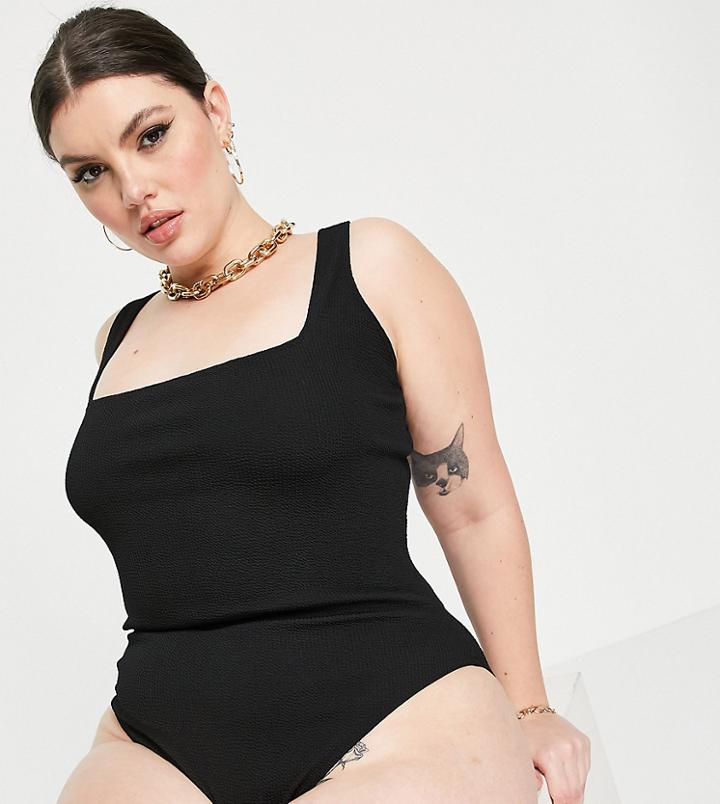 Asos Design Curve Crinkle Square Neck Swimsuit In Black